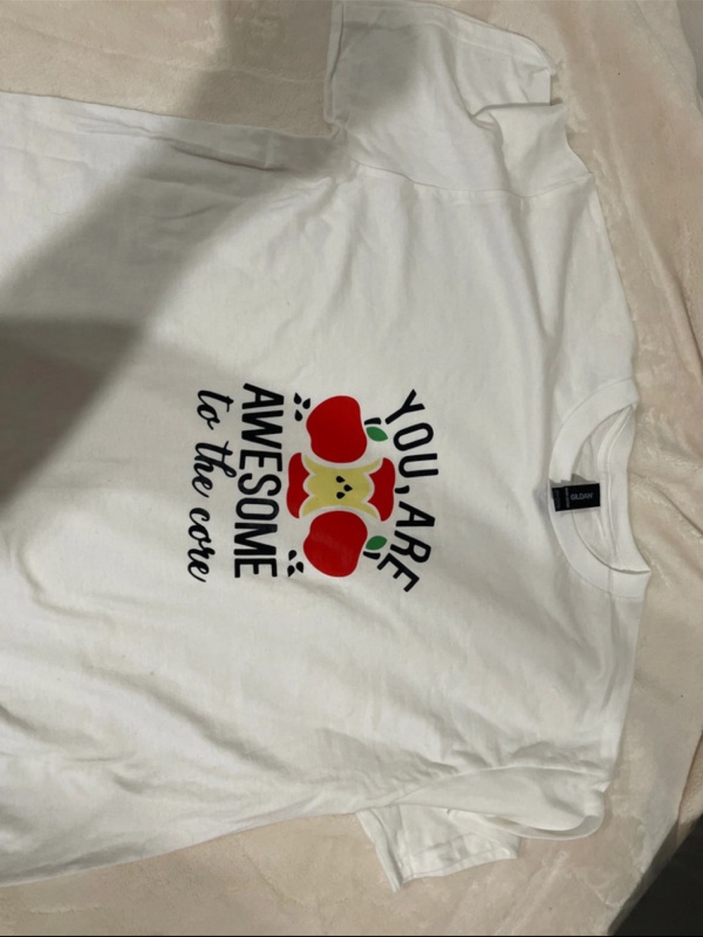 Gildan White Tee with Red Apple Core Graphic